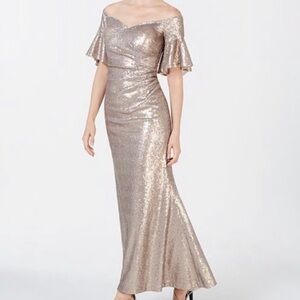 Calvin Klein Gold Sequin Off Shoulder Short Flutter Sleeves Formal Gown - 10
